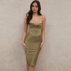 Cowl Neck Underwire Bustier Corset Midi Dress - Green