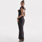 Faux Feather Trim Cowl Neck Sleeveless Gown Maxi Dress - Black