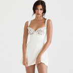 Floral Lace Tie Front Sleeveless Mini Dress - White