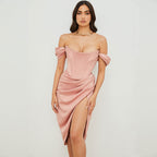 Off Shoulder Draped Corset Cocktail Midi Dress - Pink