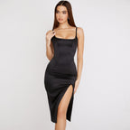 Scoop Neck High Slit Slip Cocktail Midi Dress - Black