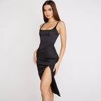 Scoop Neck High Slit Slip Cocktail Midi Dress - Black