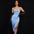 Scoop Neck High Slit Slip Cocktail Midi Dress - Light Blue