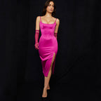 Scoop Neck High Slit Slip Cocktail Midi Dress - Rose