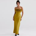 Solid Color Faux Feather Slip Evening Maxi Dress - Green