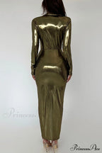 Glossy V Neck Ruched Slit Dress