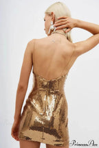 Gold Sequin V Neck Spaghetti Strap Party Dress