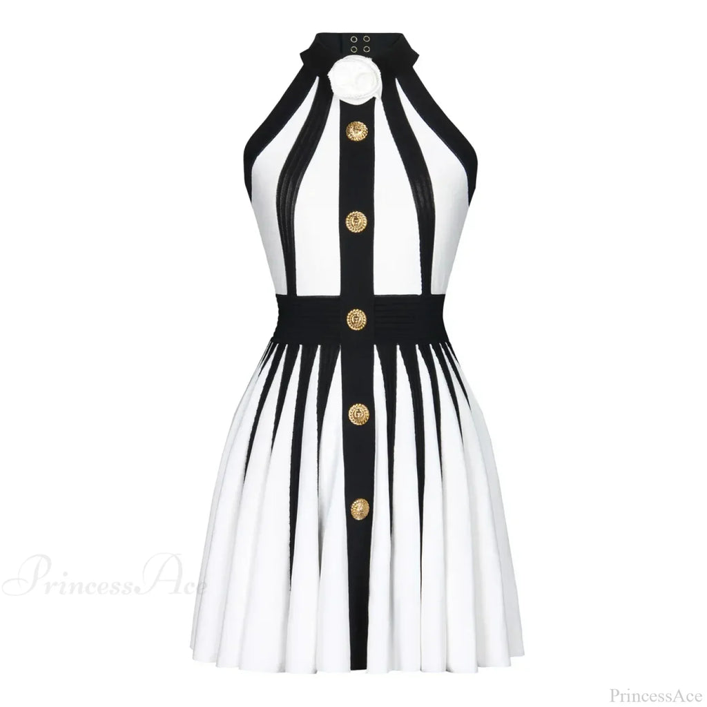 Golden Buttons Patchwork Party Dress