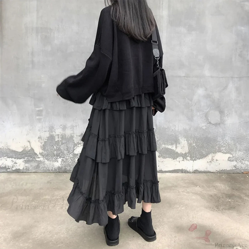 Gothic High Low Ruched Ruffle Skirt