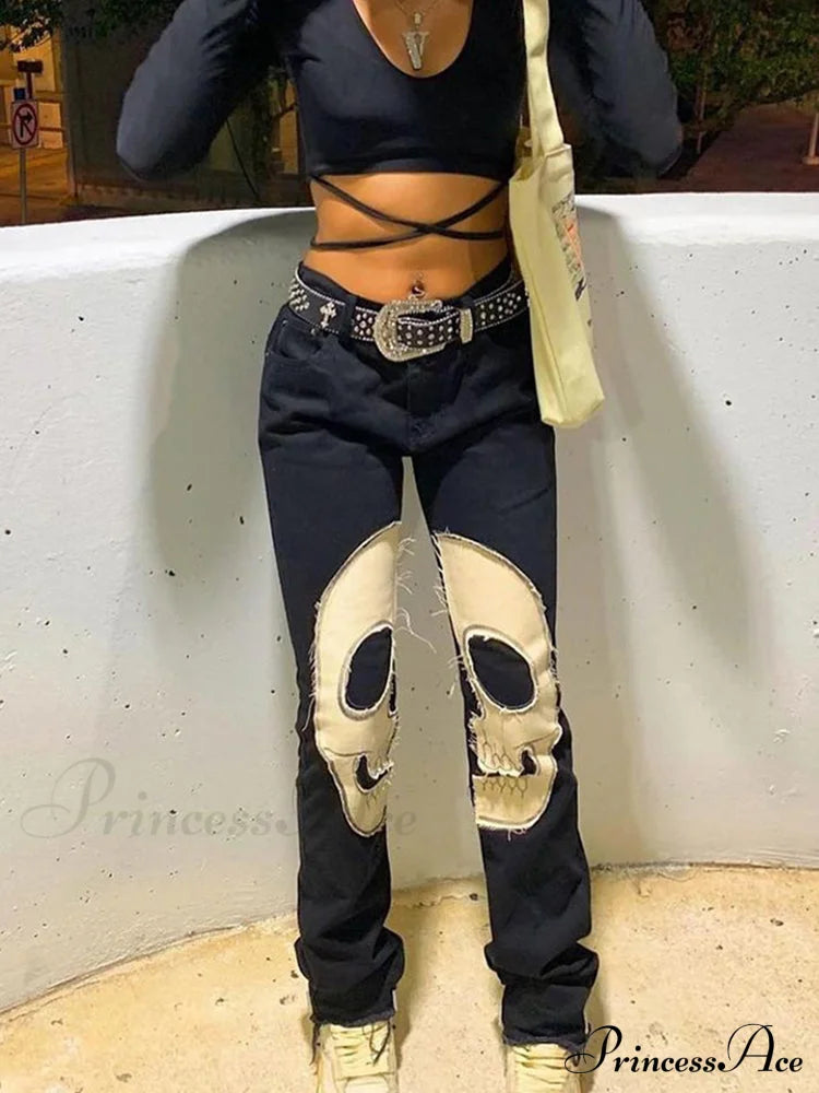 Gothic Skeleton Print Y2K Black Jeans