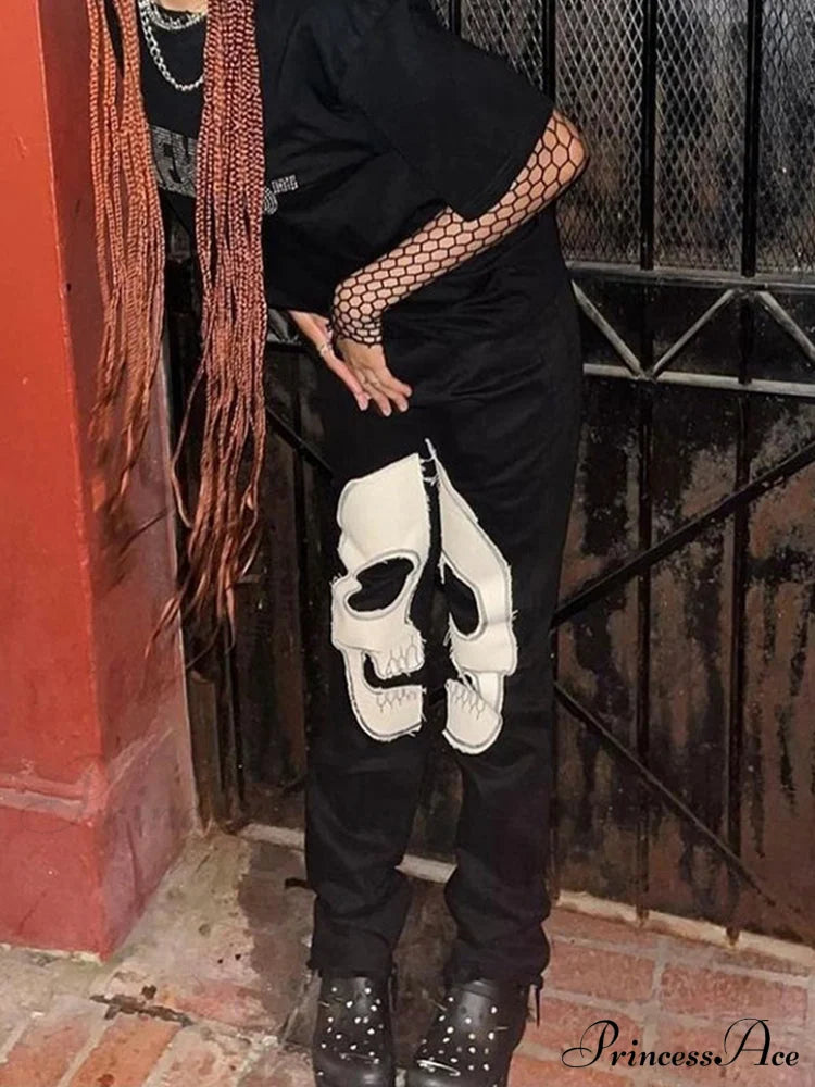 Gothic Skeleton Print Y2K Black Jeans