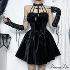 Gothic Velvet Criss-Cross Halter Vintage Draped Lace Sleeveless Bodycon Backless A-Line Dress