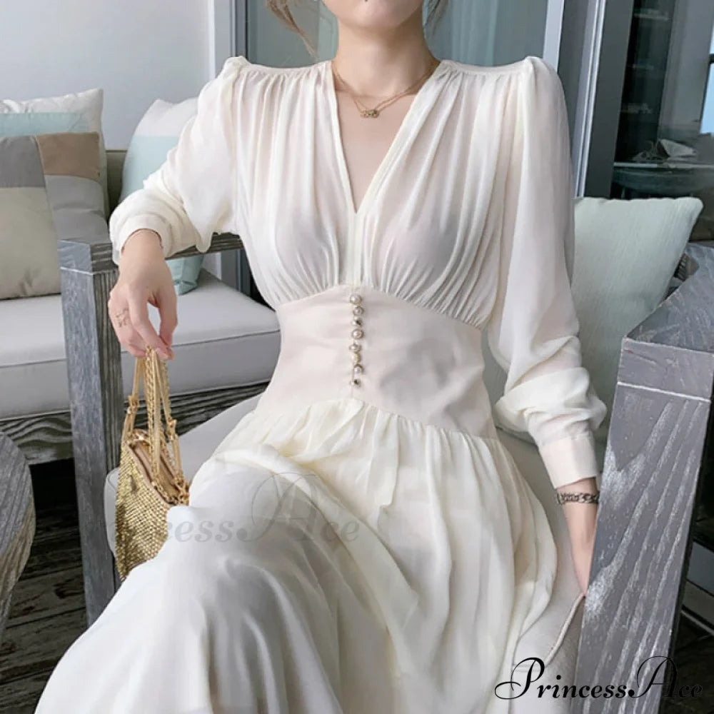 Gown Midi Elegant Arm Long Solid V-Neck for Women