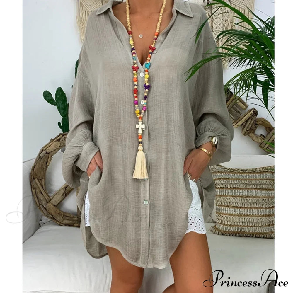 Gown Office Robe Linen Lapel Lady Long Vestidos Blouse Cotton Tunic Casual Women Solid Work Blouses Shirts Femme