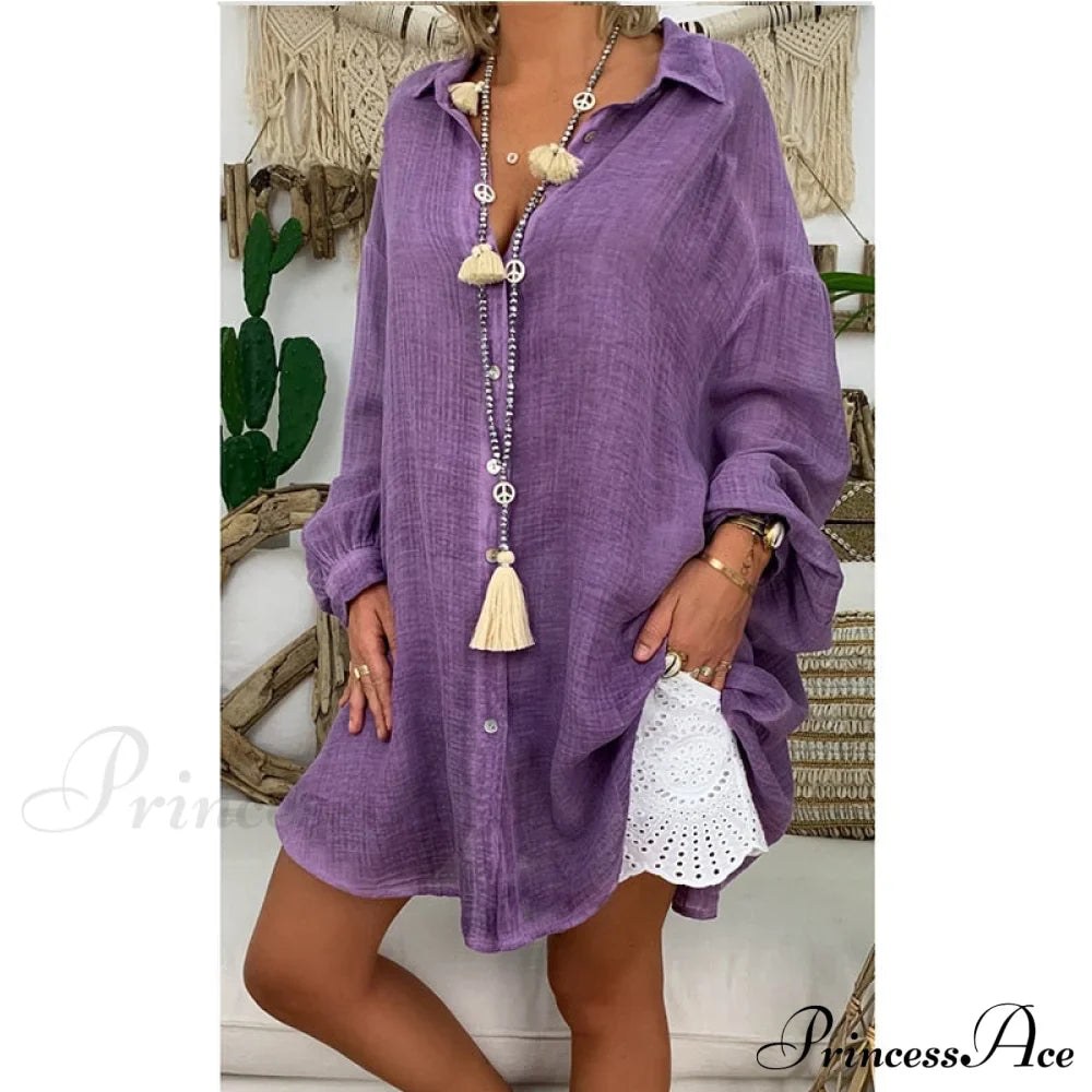 Gown Office Robe Linen Lapel Lady Long Vestidos Blouse Cotton Tunic Casual Women Solid Work Blouses Shirts Femme