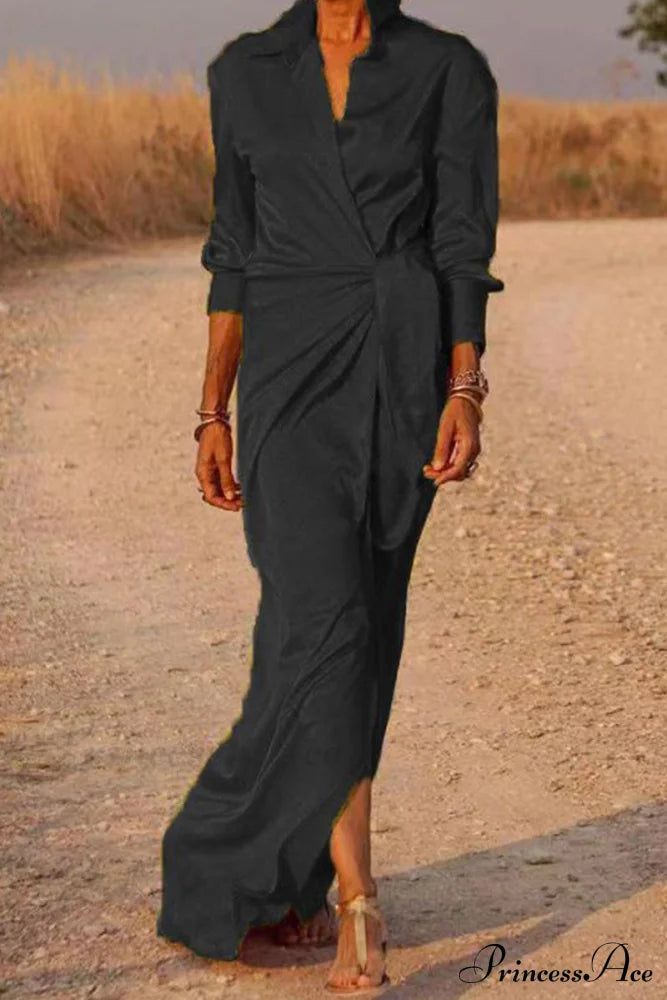 Gown Patchwork Blouse Bandage with Turndown Casual Solid Collar