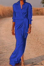 Gown Patchwork Blouse Bandage with Turndown Casual Solid Collar