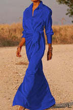 Gown Patchwork Blouse Bandage with Turndown Casual Solid Collar