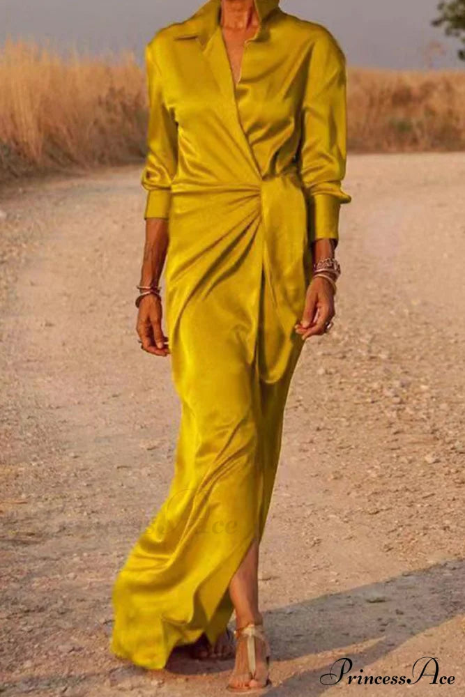 Gown Patchwork Blouse Bandage with Turndown Casual Solid Collar