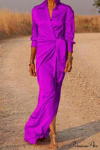 Gown Patchwork Blouse Bandage with Turndown Casual Solid Collar