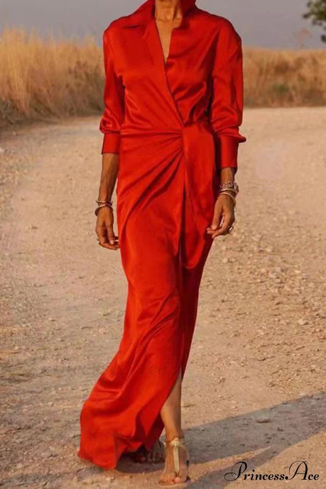 Gown Patchwork Blouse Bandage with Turndown Casual Solid Collar