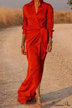 Gown Patchwork Blouse Bandage with Turndown Casual Solid Collar