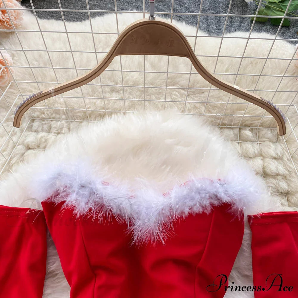 Gown Red for Backless Furry Strapless Elegant - Women Party New Year/Christmas/Femme