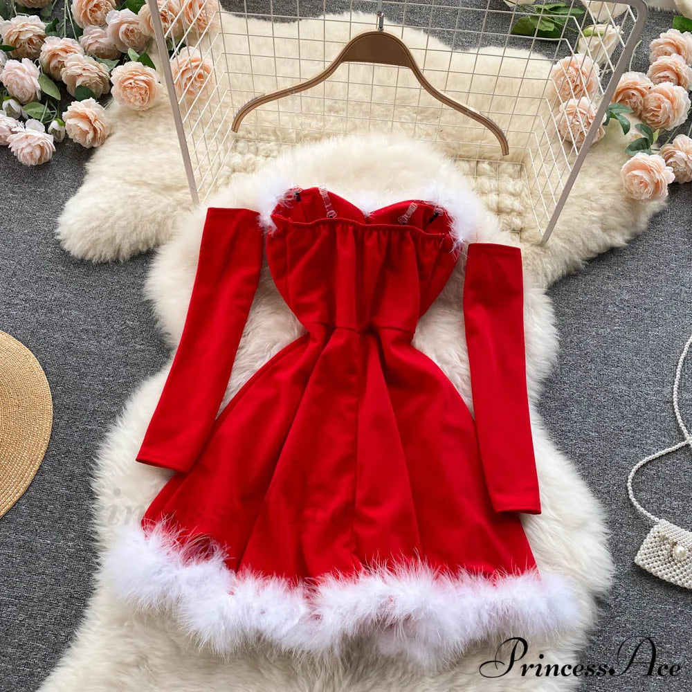 Gown Red for Backless Furry Strapless Elegant - Women Party New Year/Christmas/Femme