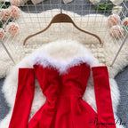 Gown Red for Backless Furry Strapless Elegant - Women Party New Year/Christmas/Femme