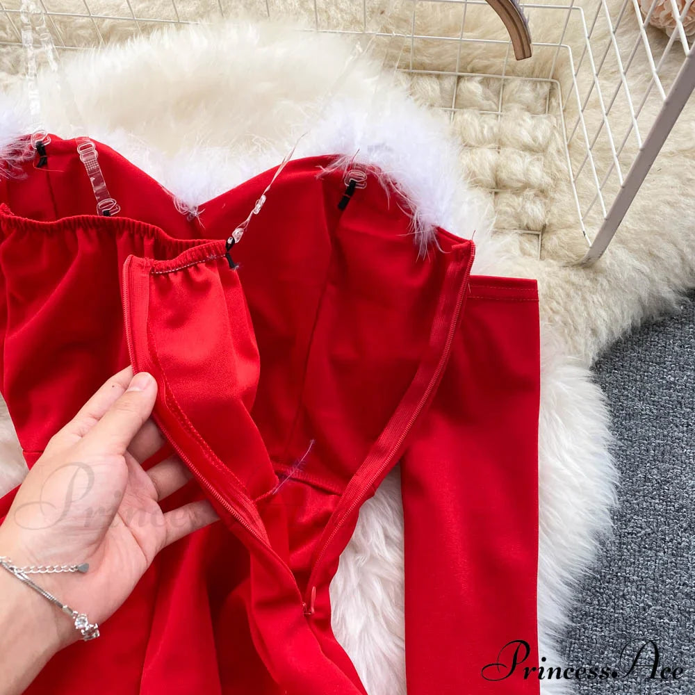 Gown Red for Backless Furry Strapless Elegant - Women Party New Year/Christmas/Femme