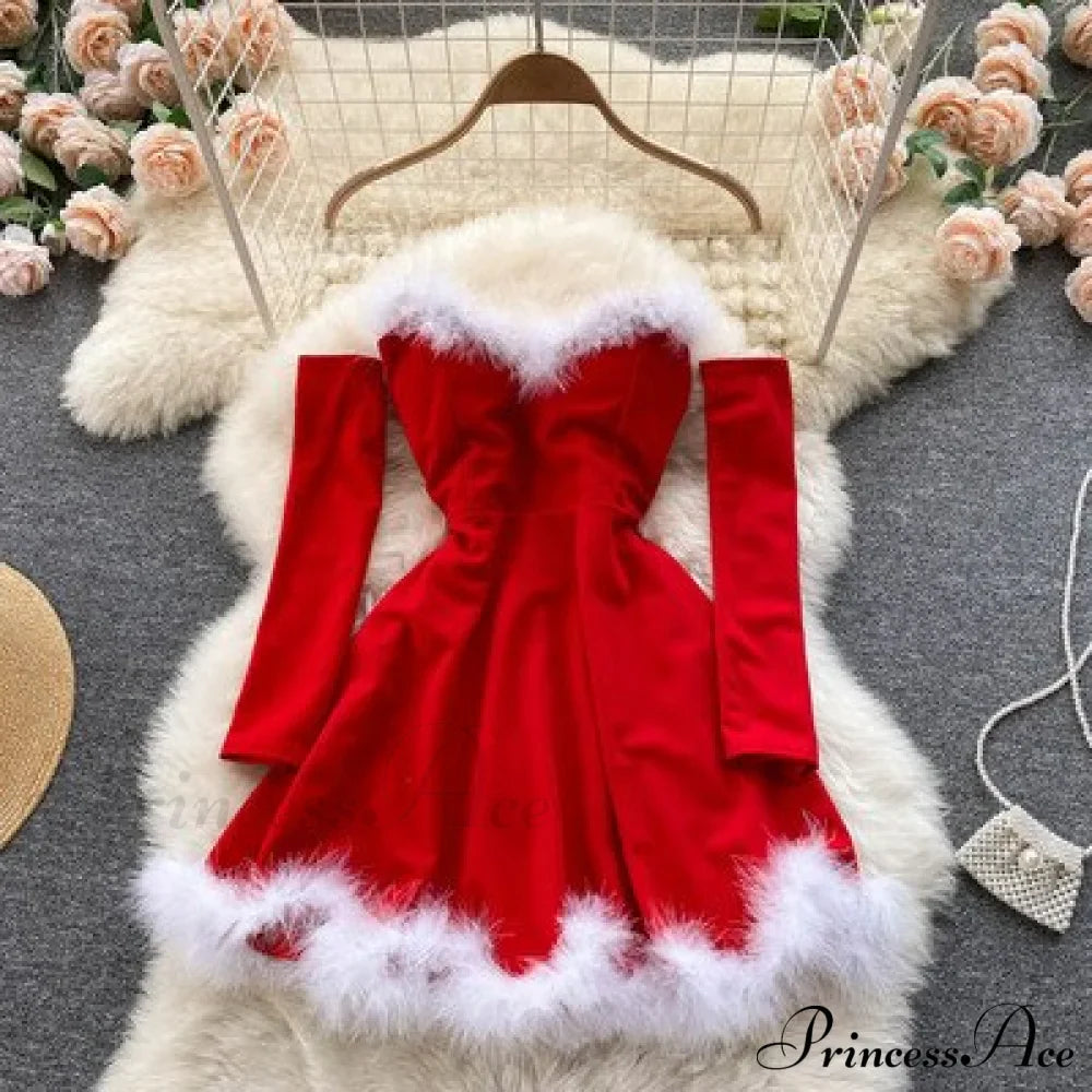 Gown Red for Backless Furry Strapless Elegant - Women Party New Year/Christmas/Femme