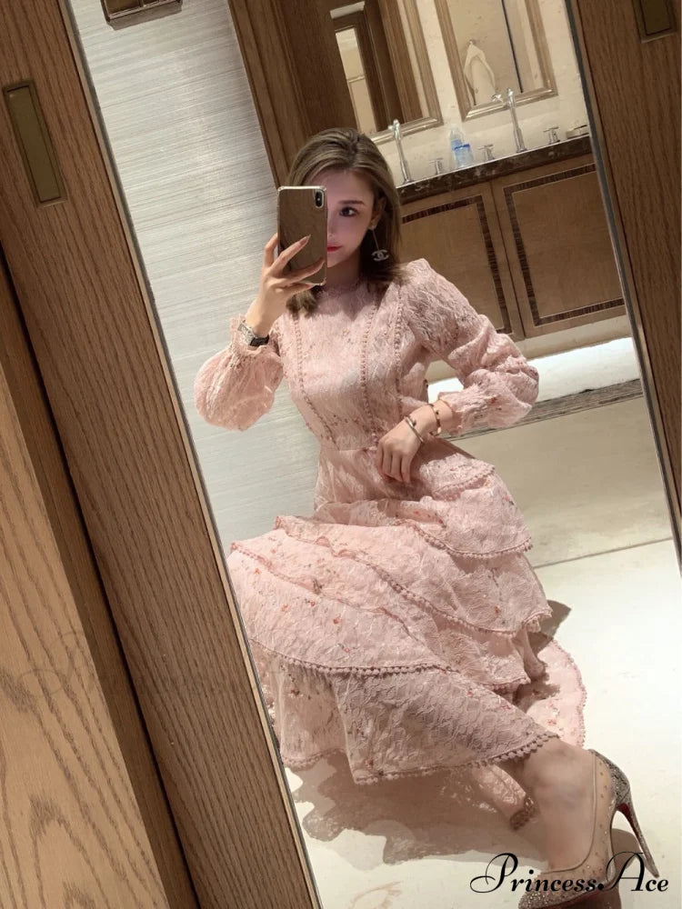 Gown Ruffle Embroidery Female Full-Length Full Elegant - Gown - - - Spring/Winter - Long Waist Pink Party Lace Arm High - - Woman