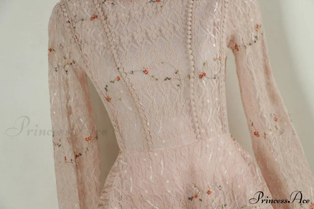 Gown Ruffle Embroidery Female Full-Length Full Elegant - Gown - - - Spring/Winter - Long Waist Pink Party Lace Arm High - - Woman
