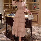 Gown Ruffle Embroidery Female Full-Length Full Elegant - Gown - - - Spring/Winter - Long Waist Pink Party Lace Arm High - - Woman
