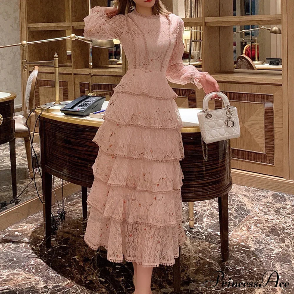 Gown Ruffle Embroidery Female Full-Length Full Elegant - Gown - - - Spring/Winter - Long Waist Pink Party Lace Arm High - - Woman