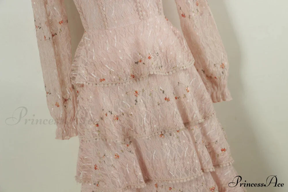 Gown Ruffle Embroidery Female Full-Length Full Elegant - Gown - - - Spring/Winter - Long Waist Pink Party Lace Arm High - - Woman