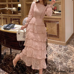 Gown Ruffle Embroidery Female Full-Length Full Elegant - Gown - - - Spring/Winter - Long Waist Pink Party Lace Arm High - - Woman