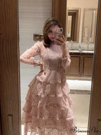 Gown Ruffle Embroidery Female Full-Length Full Elegant - Gown - - - Spring/Winter - Long Waist Pink Party Lace Arm High - - Woman