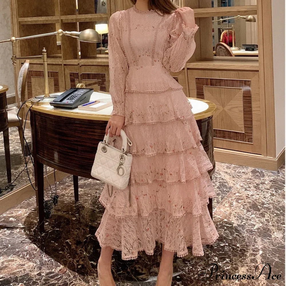 Gown Ruffle Embroidery Female Full-Length Full Elegant - Gown - - - Spring/Winter - Long Waist Pink Party Lace Arm High - - Woman