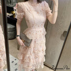 Gown Ruffle Embroidery Female Full-Length Full Elegant - Gown - - - Spring/Winter - Long Waist Pink Party Lace Arm High - - Woman