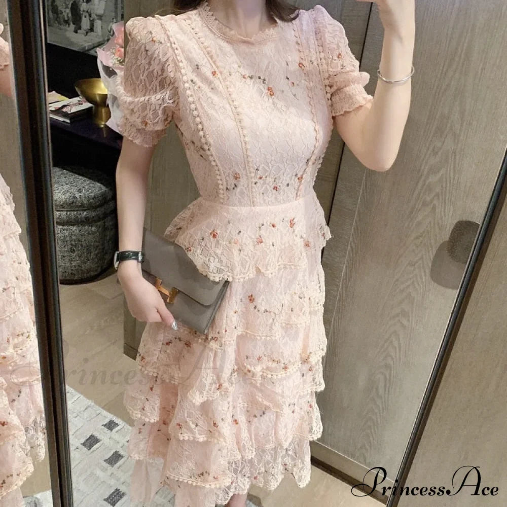 Gown Ruffle Embroidery Female Full-Length Full Elegant - Gown - - - Spring/Winter - Long Waist Pink Party Lace Arm High - - Woman