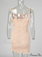 Gown Shirring Strap Flowered Mini with Design Spaghetti Design