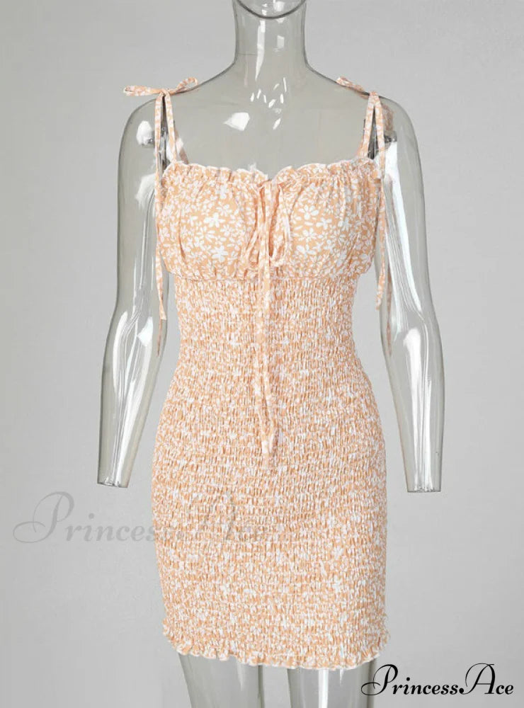 Gown Shirring Strap Flowered Mini with Design Spaghetti Design