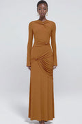 Graceful Metallic Knot Ruched Detail Jersey Evening Maxi Dress - Brown