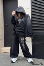 Gradient Letter Distressed Zip Hoodie