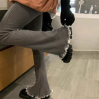 Gray Lace Flare Women Casual Knit Pants