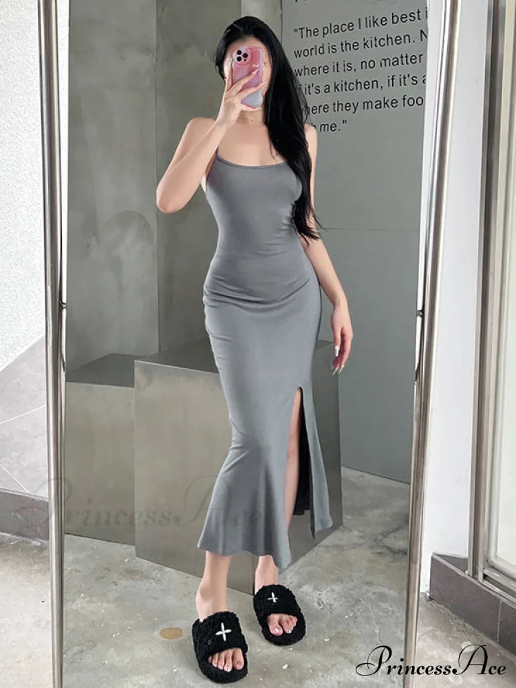 Gray Mermaid Hem Cami Slit Dress