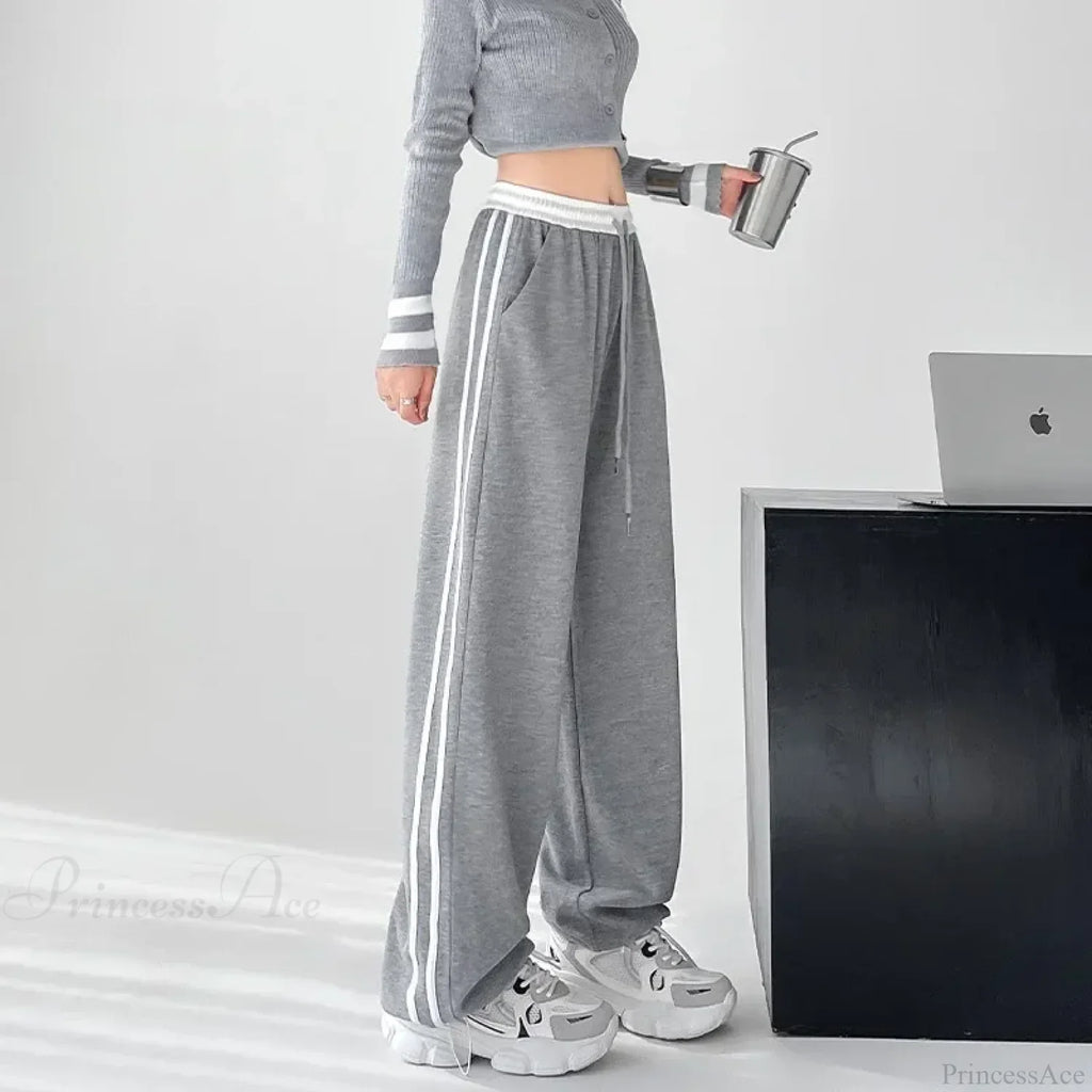 Gray Striped Casual Sweatpants Pants