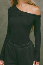 Gray Twist Asymmetric Neck Ruched Fitted Long Sleeve Tee