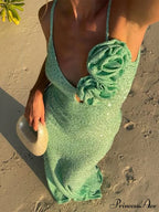 Green 3D Flower Charming Sequin Cami Maxi Dress